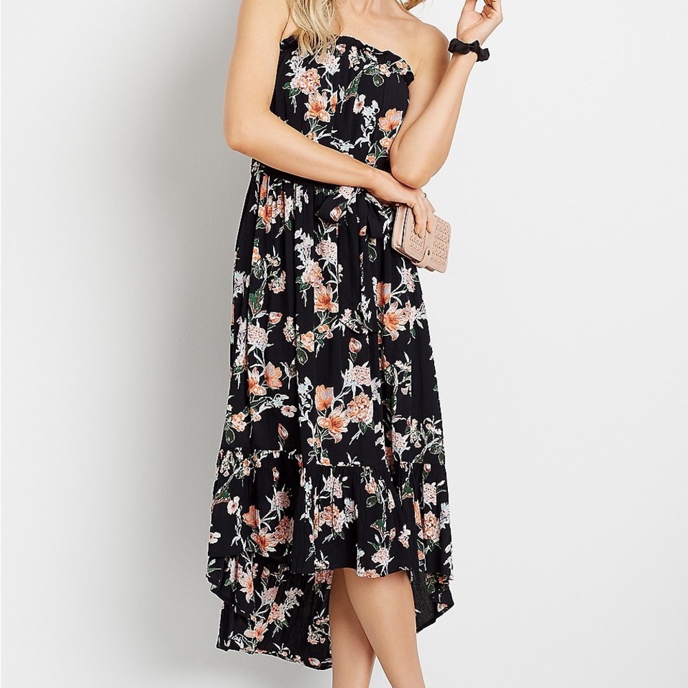 M MAURICES STRAPLESS Floral Spring Summer DRESS Hi Low Medium midi womens clothe